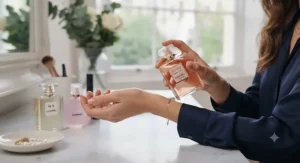 Close-up of a woman applying a luxurious Chanel perfume for women to her wrist, showcasing an elegant daily routine.