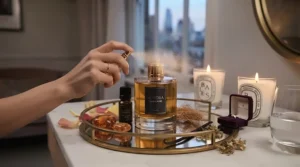 Woman applying perfume before a special date night out.