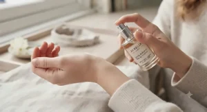 Applying a light mist of fragrance to pulse points for delicate skin.