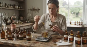 An artisan blending pure essential oils to create a bespoke natural perfume for women.