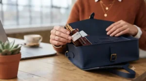 A sleek travel size perfume slipping easily into a stylish leather handbag for daily office commutes.