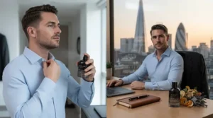 A smart-casual man applies a subtle spray of long-lasting office cologne for men as part of his morning grooming routine.