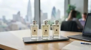 Curated selection of three minimalist fragrance bottles arranged neatly on a sleek slate tray, showcasing versatile everyday scent options.