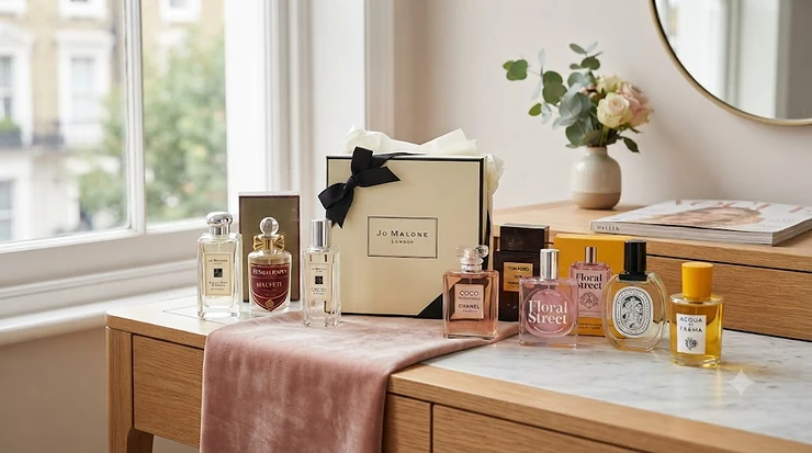 Luxury perfume gift sets arranged elegantly for a curated gift guide for her perfume gift guide for her