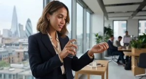 Professional applying a subtle unisex office fragrance before heading to a London corporate workplace.