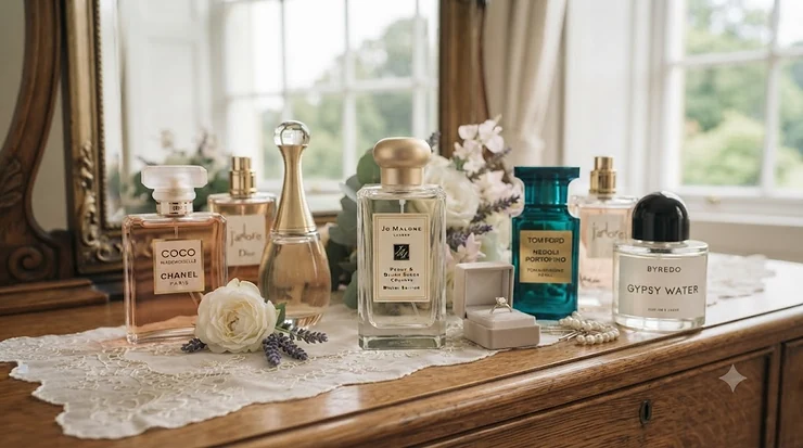A selection of elegant fragrances on a vanity, helping a bride choose her signature wedding perfume for a bride. wedding perfume for bride
