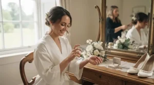 A bride delicately applying her chosen wedding perfume for the bride to her wrist on the morning of her ceremony.