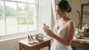 A radiant bride holding her chosen wedding perfume for a bride, capturing the finishing touch to her bridal preparations.
