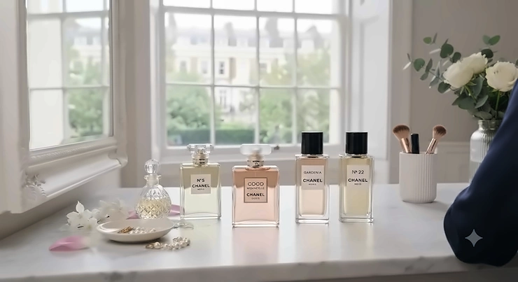 Stylish vanity table arrangement featuring various iconic Chanel perfume for women bottles and gold accents. chanel perfume for women