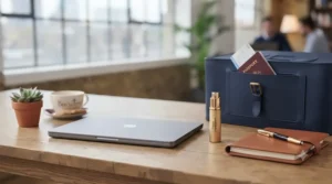 A minimalist office desk setup featuring a stylish travel size perfume alongside a laptop and daily planner.