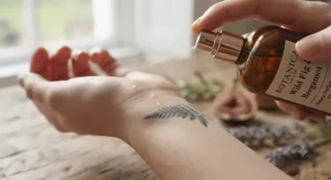 Flat-lay composition of cedarwood and bergamot essential oils for natural women's fragrance.