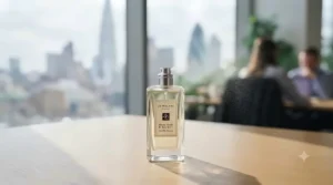 Sophisticated fragrance bottle styled against the crisp fabric of a tailored blazer, highlighting refined and polished personal style.