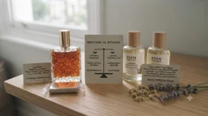 Infographic comparing the clean ingredients of vegan perfume versus traditional fragrances.