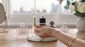 Close-up of a woman testing a sample of Dior perfume on her wrist.
