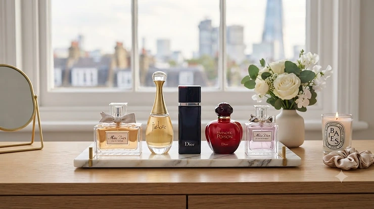 Flat lay of iconic Dior perfumes including J'adore and Miss Dior on a vanity table. dior perfume women which one