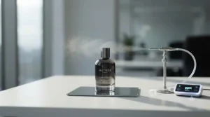 A conceptual shot demonstrating a discreet, skin-close sillage, making the fragrance ideal for open-plan workspaces.