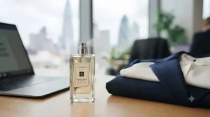 Stylish metallic refillable perfume atomiser resting beside a leather handbag and office pass lanyard on a wooden desk.