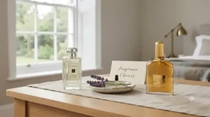A detailed comparison of perfume oil concentration. A beaker on a scale clearly shows Eau de Toilette with 10% oil, while a second beaker shows Eau de Parfum with 15% oil, both labelled in English.