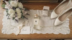 A flat-lay arrangement of bridal accessories and a signature wedding perfume for a bride, styled for a modern UK wedding.