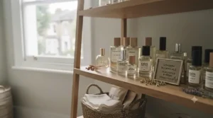 A display of various cruelty-free women’s perfumes on a shelf in a UK boutique.