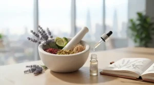 Botanical ingredients like citrus and light florals used in crafting a subtle office perfume for women.