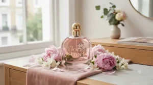 Romantic floral scent bottle surrounded by fresh jasmine and rose petals