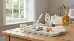A photorealistic test illustrating fragrance duration. Two forearms are shown; the wrist with Eau de Toilette has a timer set to 1.5 hours, and the wrist with Eau de Parfum has a timer set to 6 hours, under natural light.