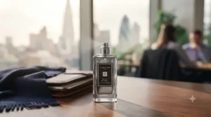 Contemporary glass perfume bottle positioned near a window overlooking a corporate skyline with soft, diffused natural lighting.