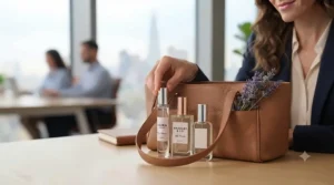 Compact, travel-sized bottles of subtle office perfume for women tucked inside a smart leather handbag for touch-ups.