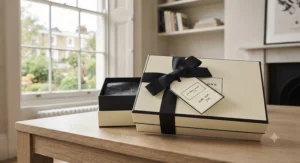 The iconic Jo Malone London gift box with cream packaging and black grosgrain ribbon.