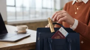 A leak-proof mini perfume spray sitting neatly beside a passport and boarding pass for corporate travel.