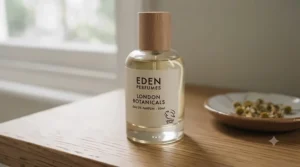 Close-up of a women’s perfume bottle featuring the Leaping Bunny cruelty-free logo.