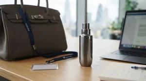 Elegant perfume spray bottle reflecting morning sunlight on a clean marble vanity surface, evoking a crisp and clean start to the working day.