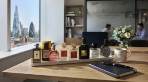Elegant Eau de Parfum bottle designed to provide long-lasting yet understated fragrance throughout the working day.