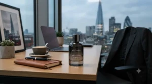 A sleek bottle of long-lasting office cologne for men sits on a modern desk, perfectly suited for professional wear. long-lasting office cologne for men