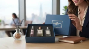 An elegantly wrapped gift box containing a popular subtle office perfume for women, perfect for birthdays or Christmas.