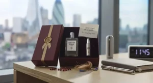 Minimalist perfume bottle representing a sophisticated unisex office fragrance for modern workspaces.
