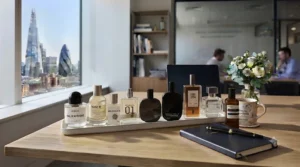 Minimalist niche perfume bottle showcasing sophisticated, low-projection scents for professional settings.
