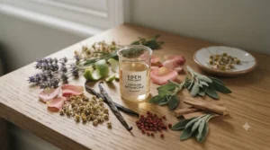 Flat lay of raw botanical ingredients used in ethical, vegan women’s fragrances.