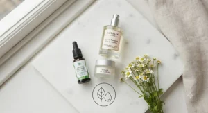 Icons representing organic and alcohol-free perfume ingredients.