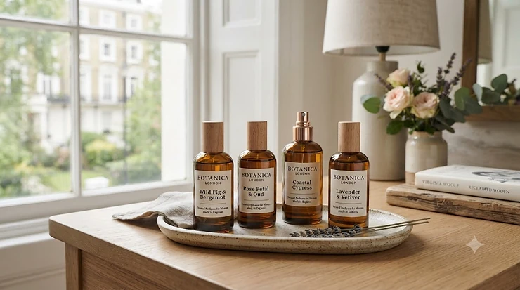 A selection of luxury natural perfumes for women featuring botanical extracts on a marble surface. natural perfume for women