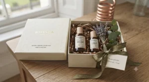 An elegantly wrapped gift set containing a signature natural perfume for women.