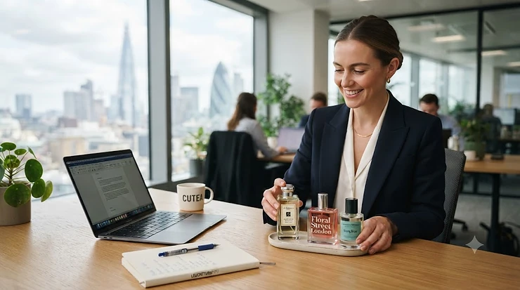 Professional bottle of subtle, elegant perfume resting on a polished mahogany desk next to a sleek laptop and a notepad, representing sophisticated workplace fragrance for the British office. perfume for the office