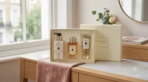 Complete fragrance gift set including perfume, body lotion, and shower gel