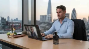 A professional businessman, wearing a tailored suit and the subtle cologne, sits confidently in a modern London boardroom.