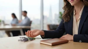 A professional woman working comfortably at a modern desk, embodying the confidence of wearing a subtle office perfume for women.