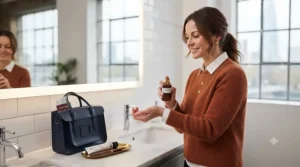 A woman applying a fresh travel size perfume during a lunch break on a busy working day.