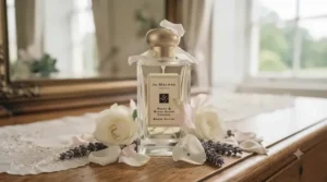 A creative illustration showing delicate floral petals surrounding a bottle of luxury wedding perfume for a bride.