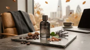 The cologne bottle styled with autumnal British elements, such as a cosy knitwear texture and warm light, showing seasonal versatility.