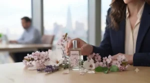 Light and airy bottles of subtle office perfume for women surrounded by spring blossoms for warm-weather office wear.